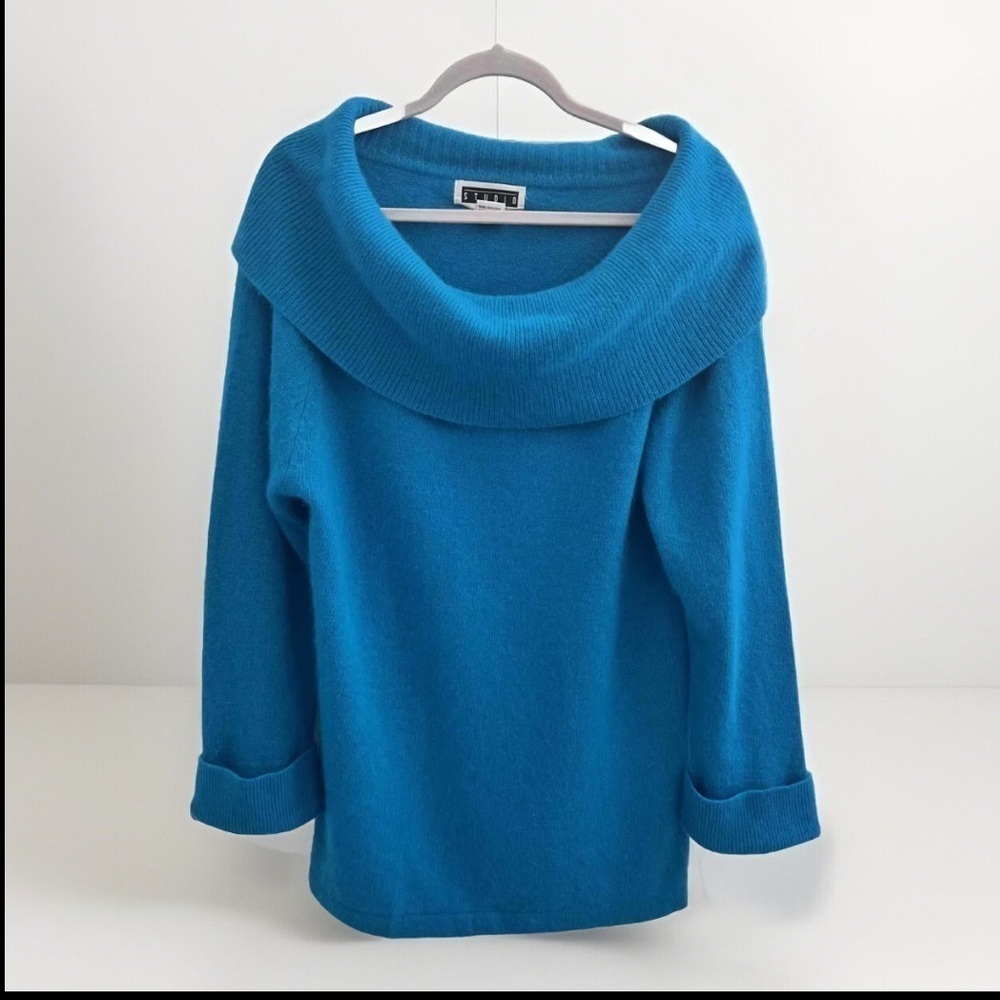 NEW Cowl Neck wool Sweater Angora Lamb MEDIUM Blue Long Sleeve Cozy
